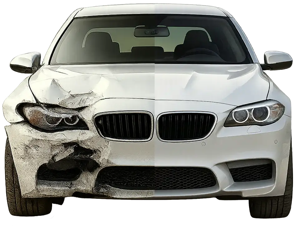 Frontalansicht eines weißen BMW mit schweren Unfallschäden an der Motorhaube